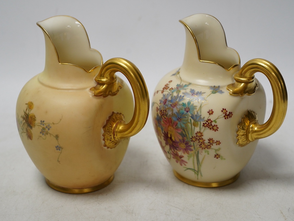 Two Worcester 1094 shape blush ivory floral jugs, 14cm high. Condition - good